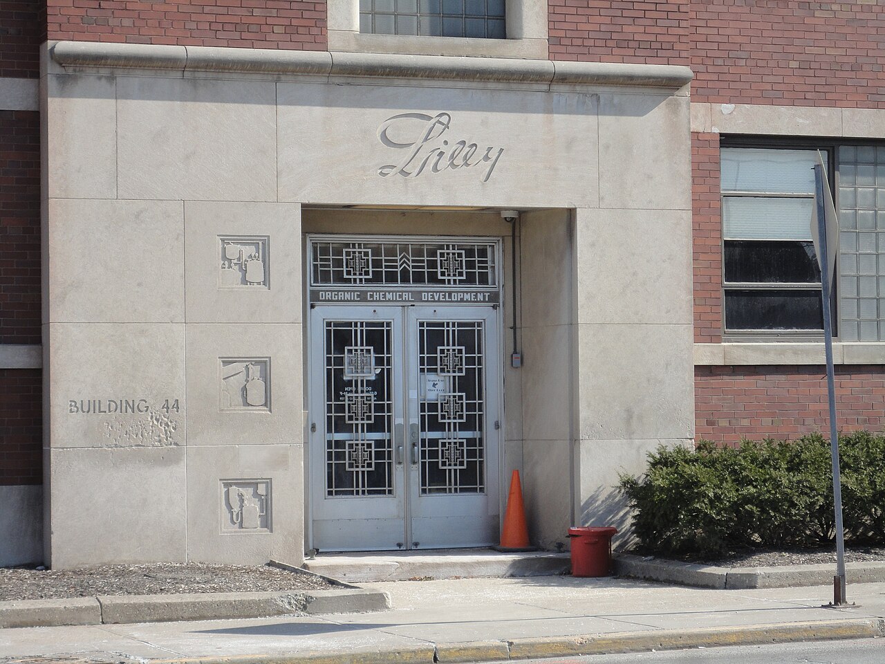 The entrance to Eli Lilly’s Building 44 in Indianapolis, with the Lilly name carved above the doorway