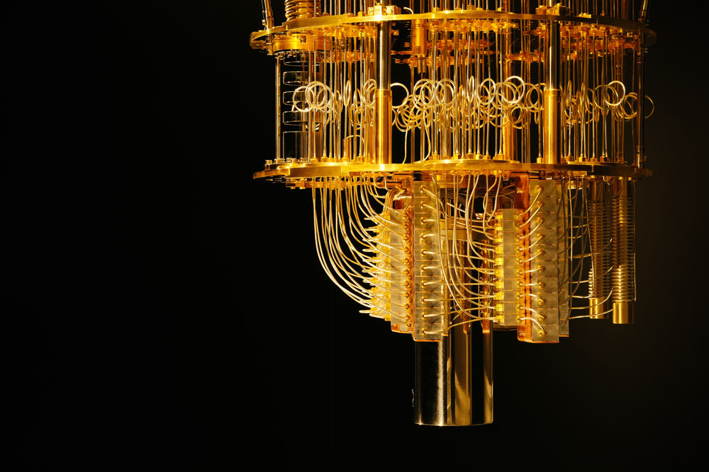 Quantum computing hardware inside a dilution refrigerator.